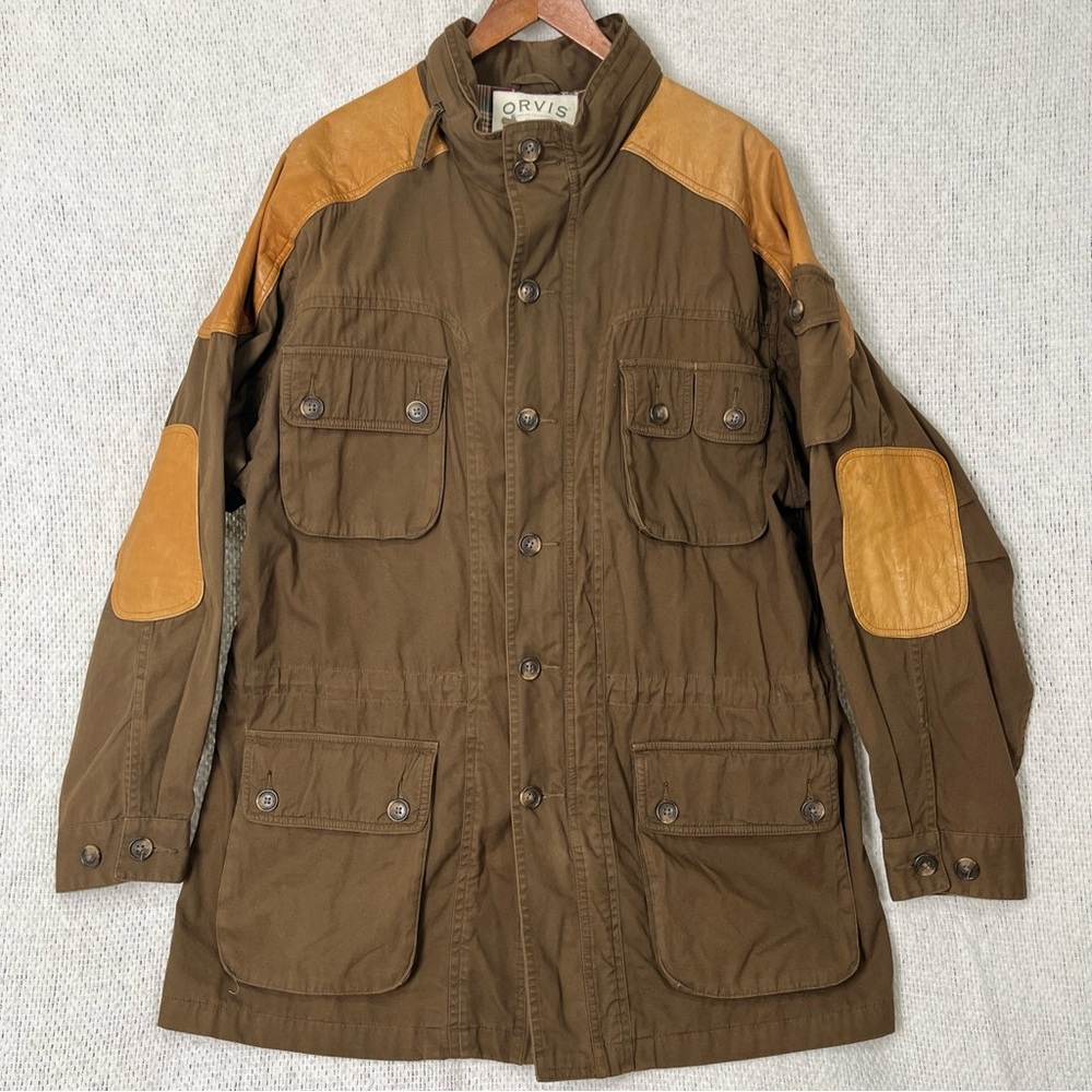 Vintage Orvis Fishing Chore Coat Men Large Green Cotton Plaid Lined Leather Trim